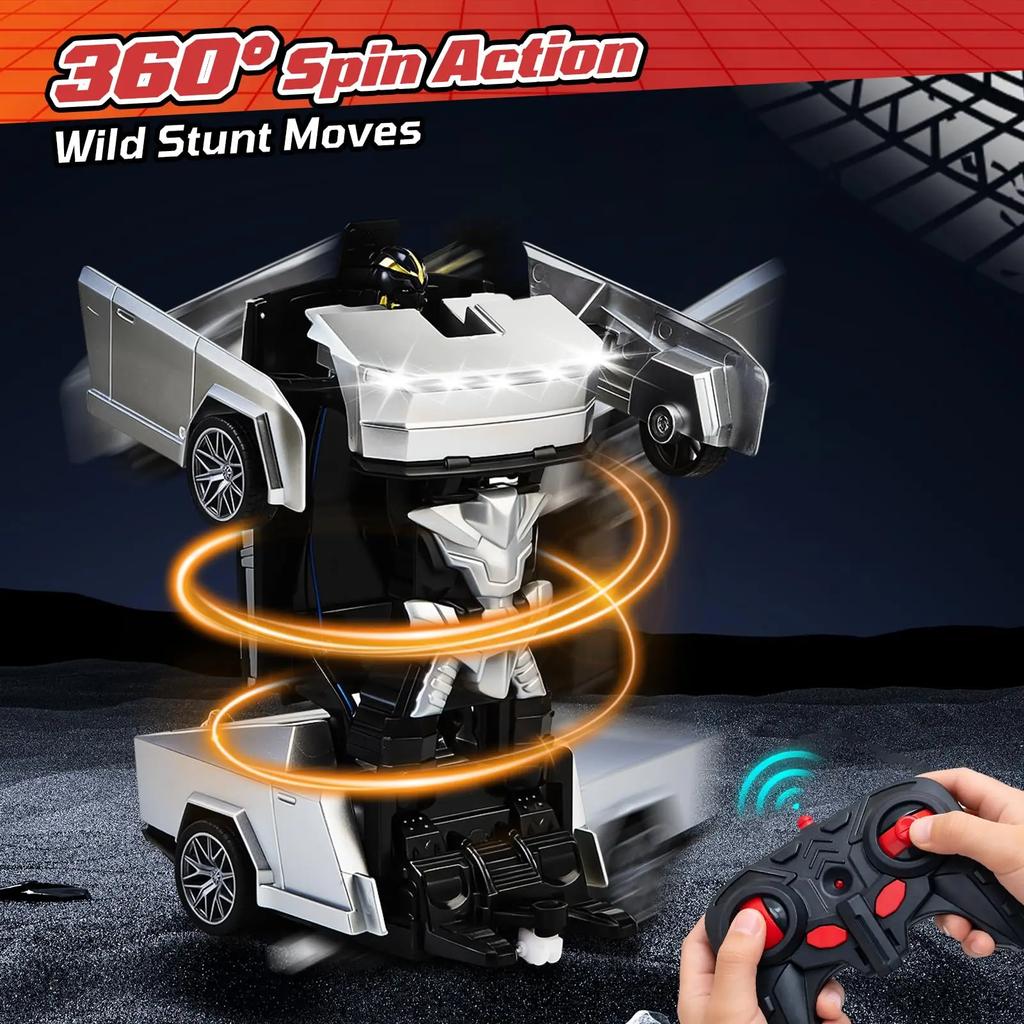 2.4GHz RC Transforming Robot Car Toy 2-in-1 Remote Control Vehicle with LED Lights 360° Spin Drift for Kids Boys Birthday Gift