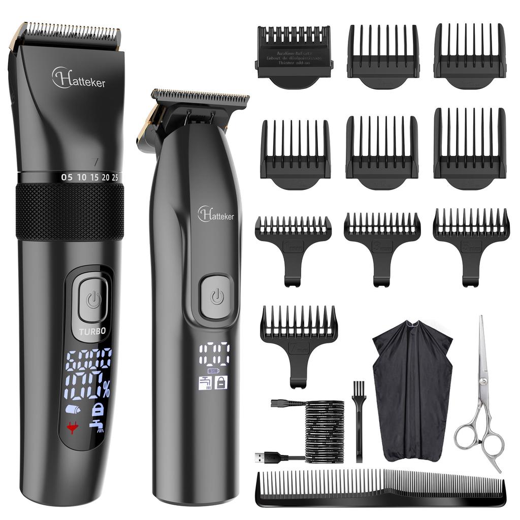 Hatteker Men's Hair Clipper Cordless Beard Trimmer T Trimmer Waterproof Haircutt Kit Hairdressing Cape and Scissors