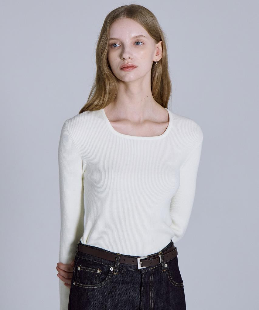 BASIC HOUSE Women'S Square Neck Long Sleeve Sweater Ivory Lykt7204