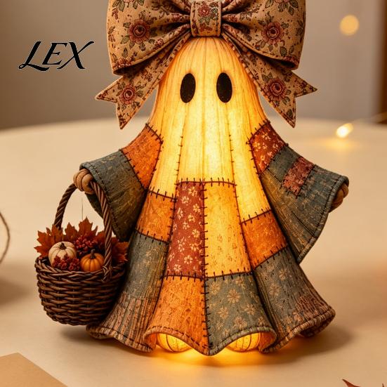 Halloween Door Hanger Lighted Vintage Patchwork Ghost Hanger, Rustic Farmhouse Figurine, LED Light Up Ornaments for Home Spooky Resin Statue