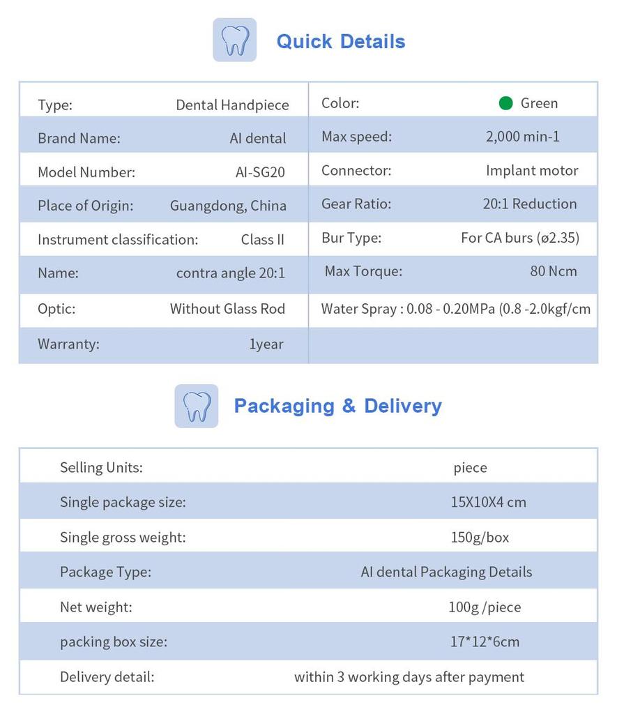 Dental Implant Handpiece AI-SG20 20:1 Reduction Contra Angle Low Speed Push Button Chuck For Surgery