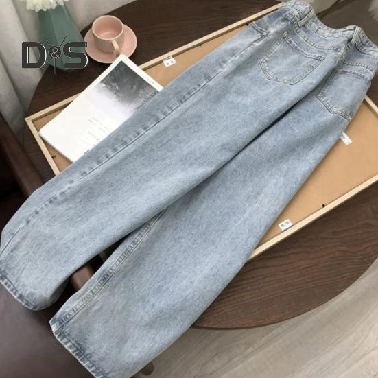 Women Jeans Straight Wide Leg High Waist Solid Color Loose Pockets Button Zipper Closure Retro Floor Length Streetwear Long Trousers