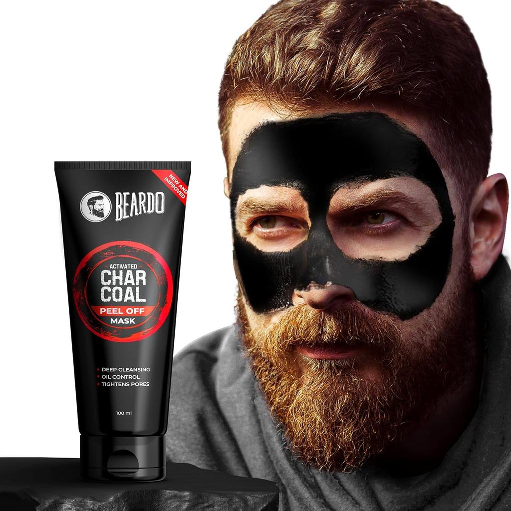 Beardo Угольный набор 4-в-1 для ухода за мужской кожей: Очищающее средство для лица, Скраб, Маска-пленка, Мыло. Набор для глубокого очищения кожи. Подарочный набор.