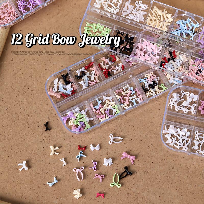 12 Grid Multiple Colors Bowknots Nail Art Charms Mini Adorable Line Bows Ties Resin Nail Decorations For Diy Earring Nail Suppli