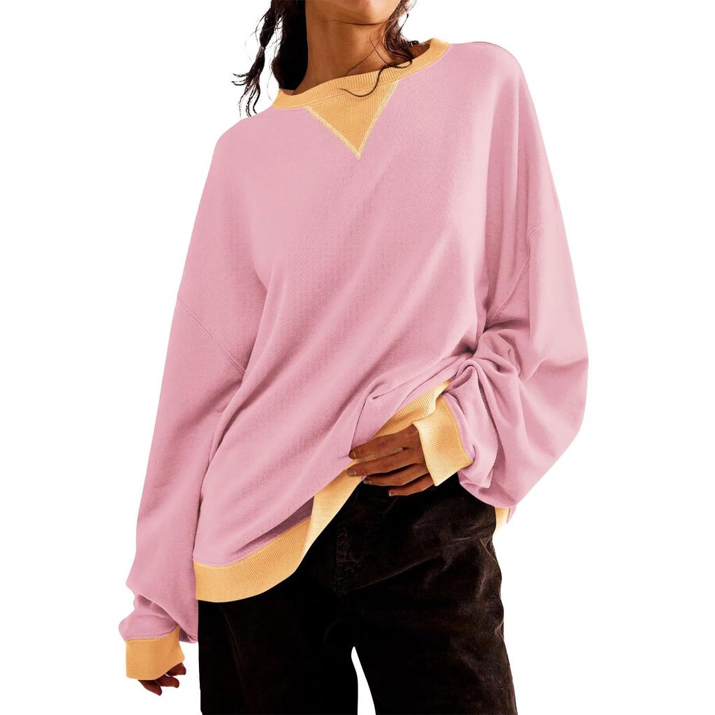 Женская толстовка с цветными блоками и воротником, негабаритная рубашка с длинными рукавами, повседневный пуловер, верхняя одежда