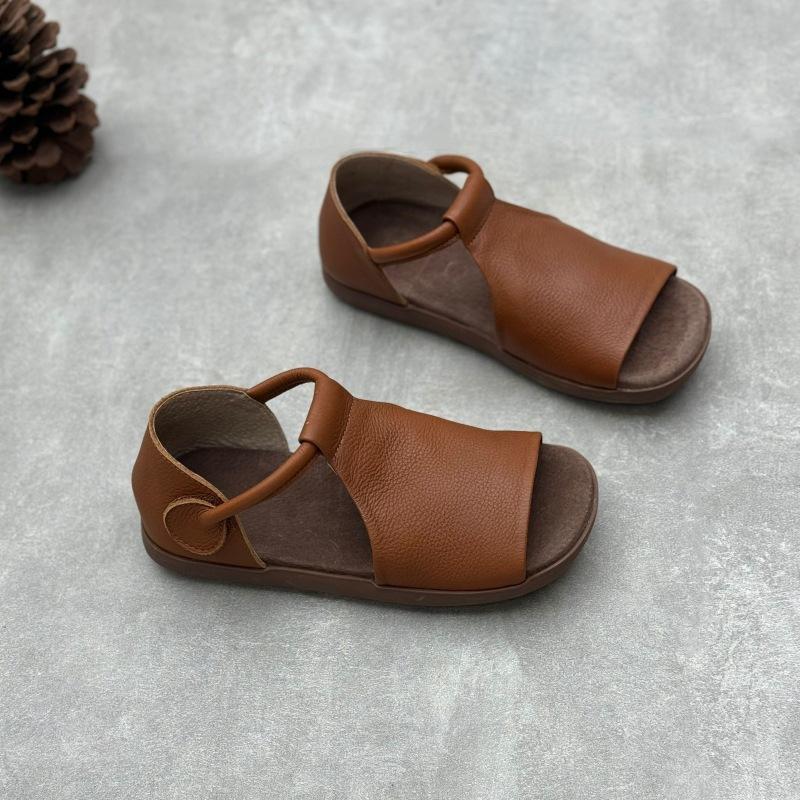 Handmade Genuine Leather Fish-mouth Sandals Summer Flat Shoes Velcro Soft Cowhide Women's Sandals