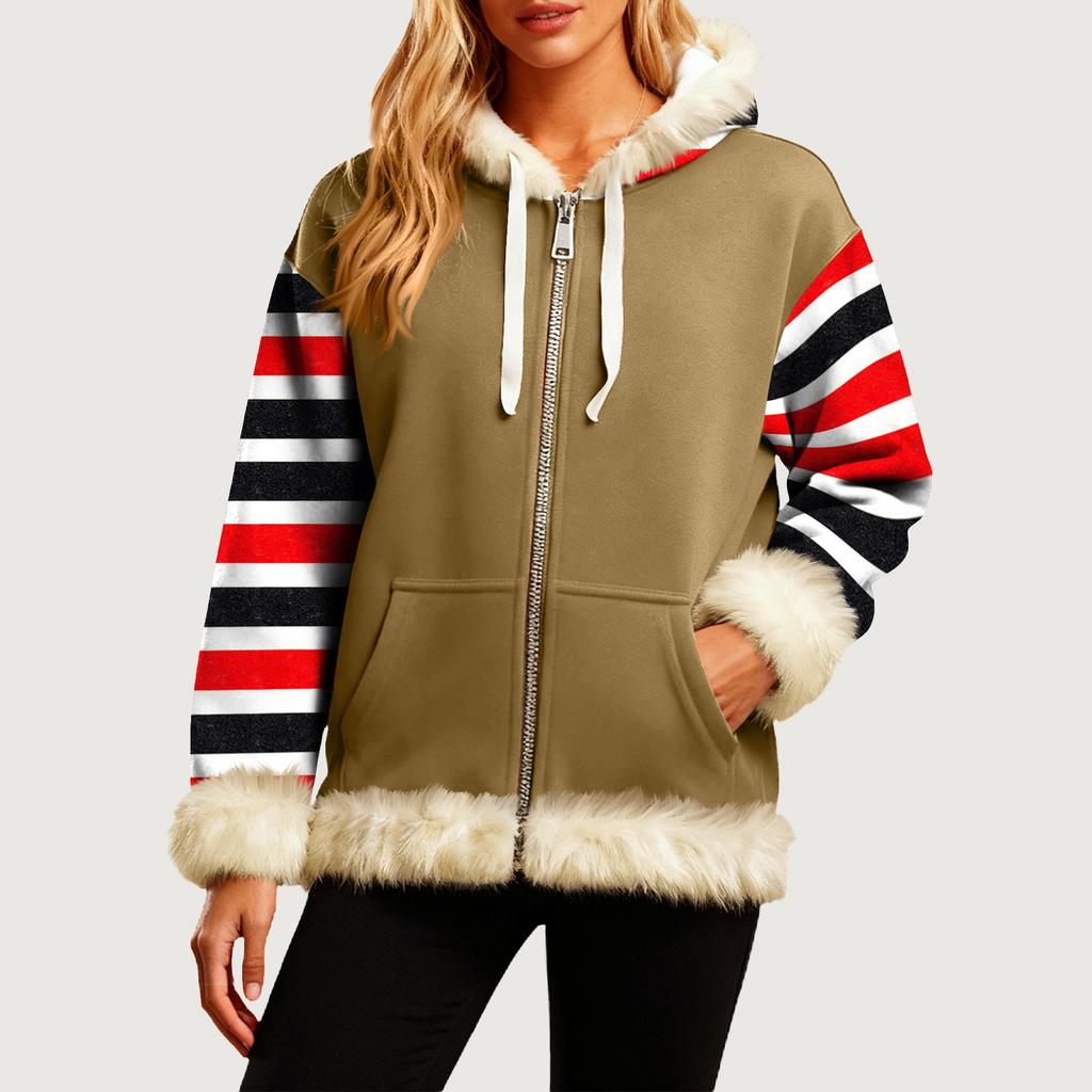 Женская Удобная Свободная Модная Повседневная Толстовка-Куртка с Длинным Рукавом, Карманами и Капюшоном с Полосатым Принтом
