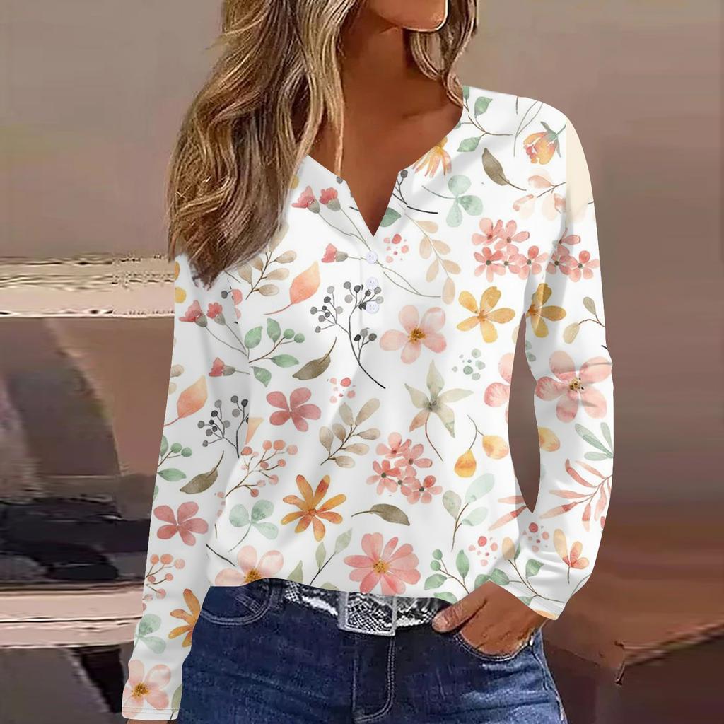 Женская модная повседневная футболка с v-образным вырезом и длинным рукавом с принтом, топ на пуговицах