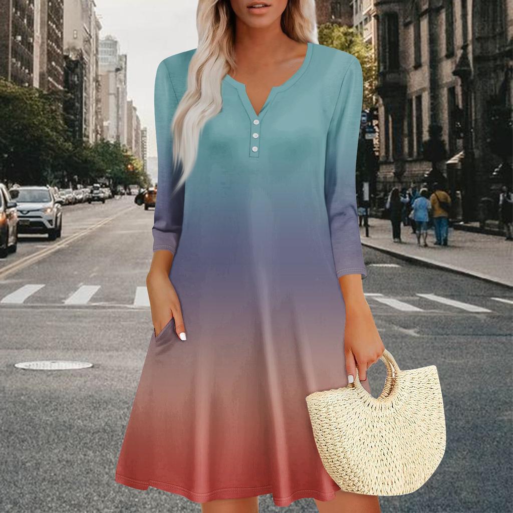 Women's Summer Dress Loose V Neck Three-quarter Sleeve Sundress With Pockets Dress