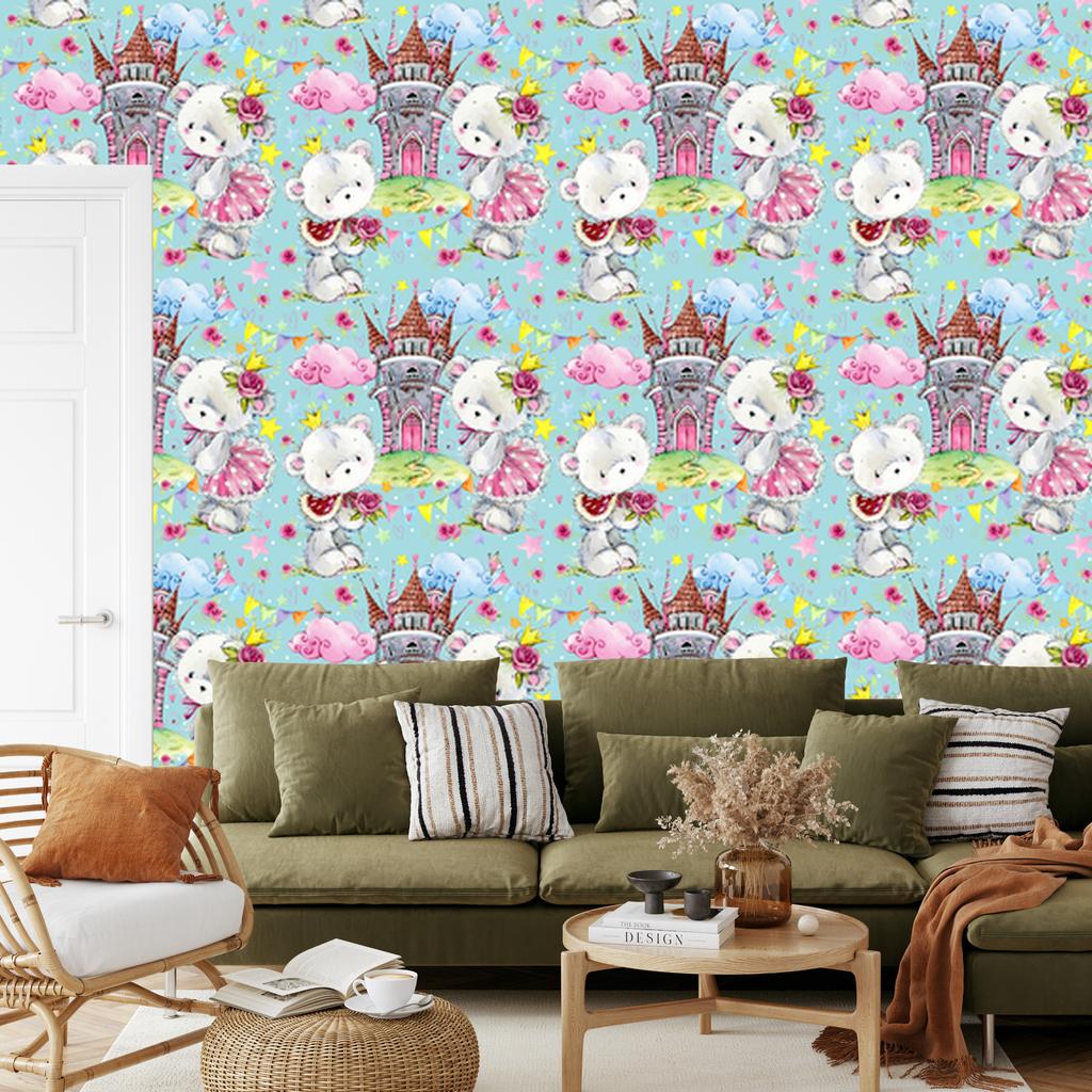 Teddy bears with a fairy tale castle roses wallpaper for the living room and bedroom 50x1000