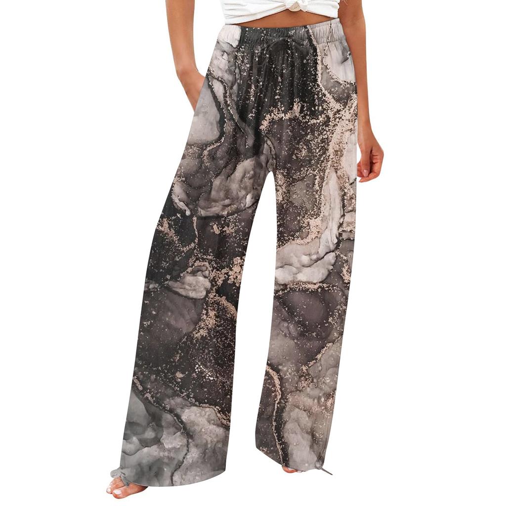 Брюки для женщин. Летние струящиеся брюки с высокой талией и широкими штанинами с принтом. Повседневные брюки.