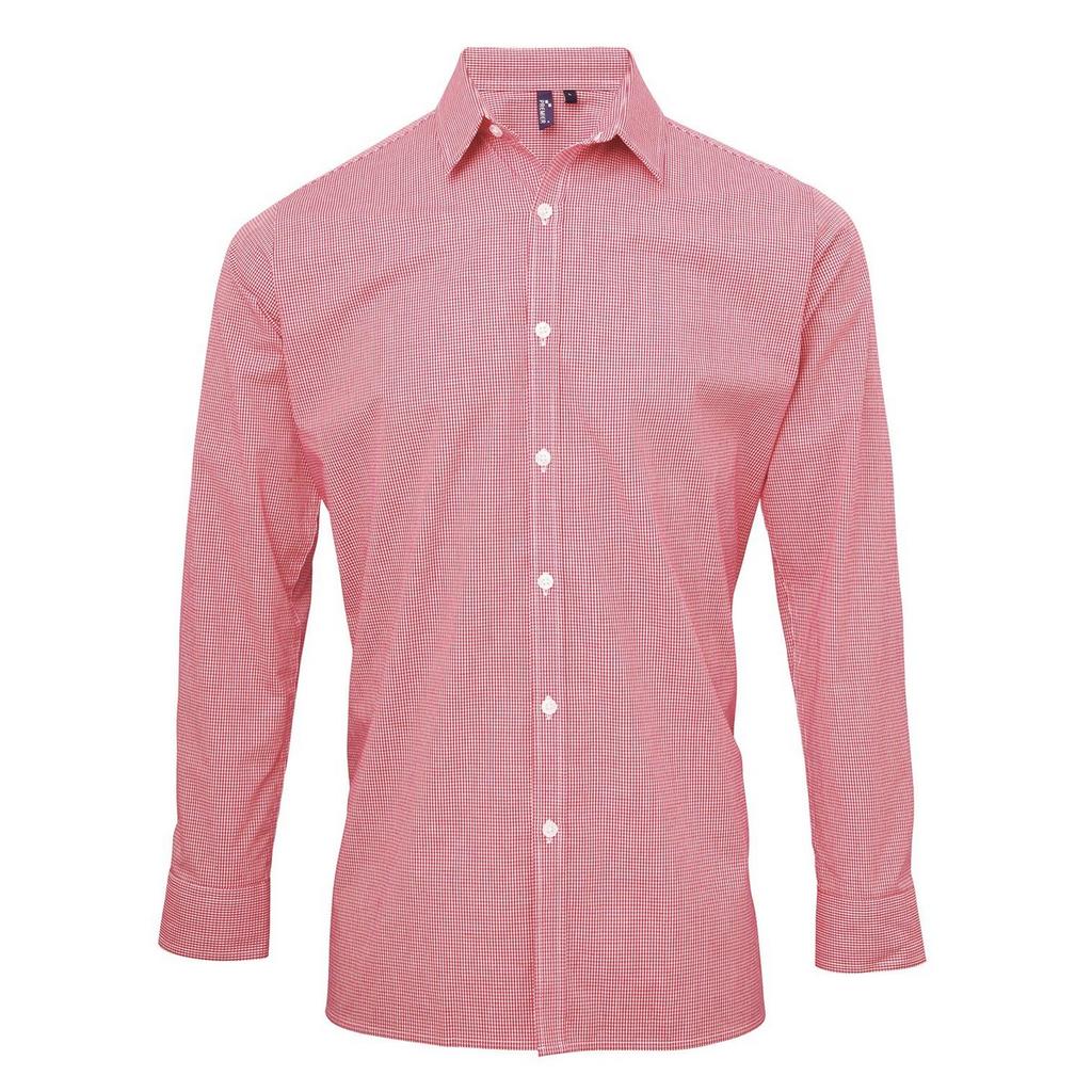 Premier Mens Gingham Micro Checked Long-Sleeved Shirt