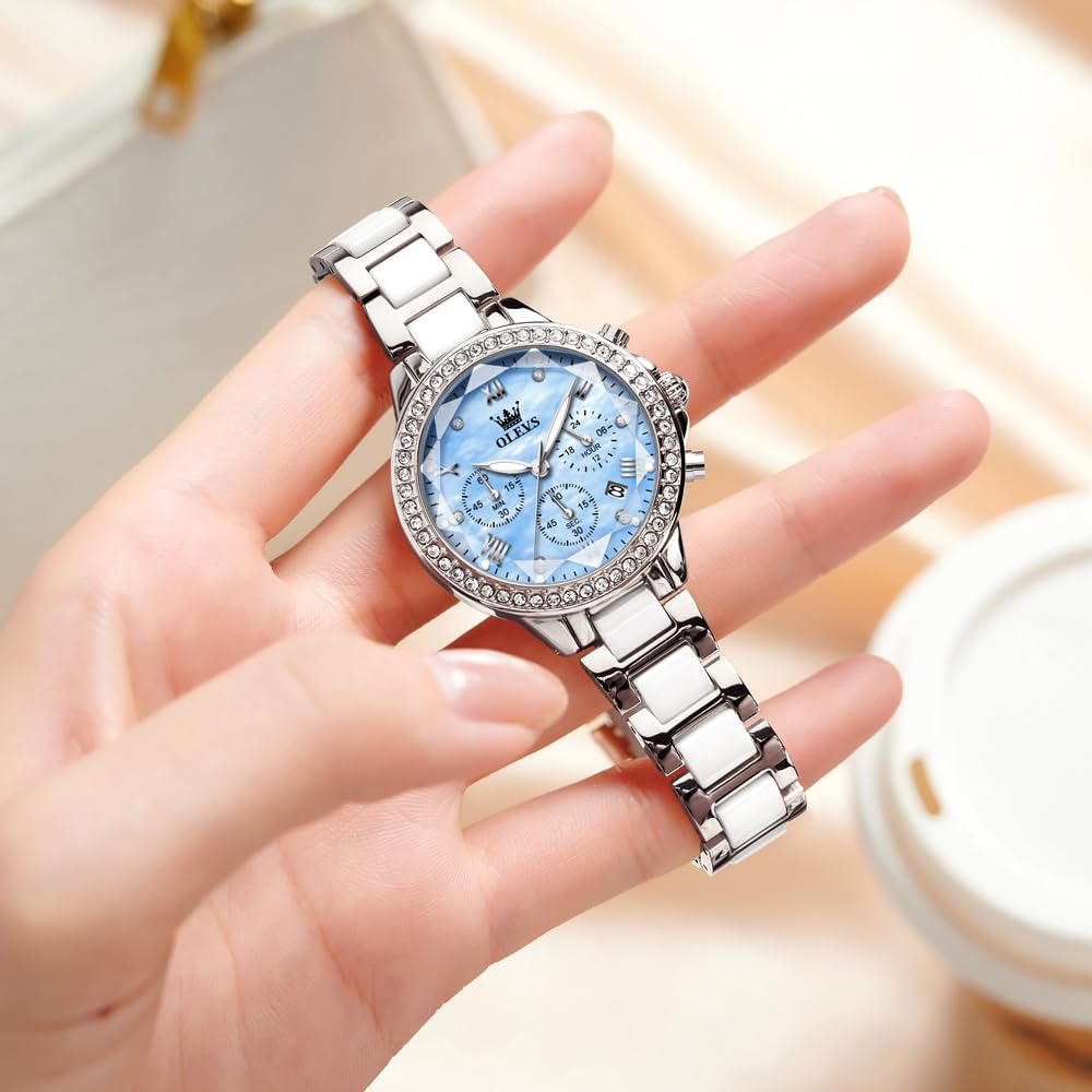 OLEVS Women's Watch Quartz Japanese Movement Multifunction 60-Minute Chronograph 12-Hour Subdial Date Luminous 30m Waterproof Stainless Steel Ceramic