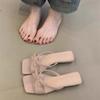 Fashion Women's Low-heeled Sandals Fashion Square Head Open-toed Hollowed Fabric Butterfly Knot Non-slip Square Heels