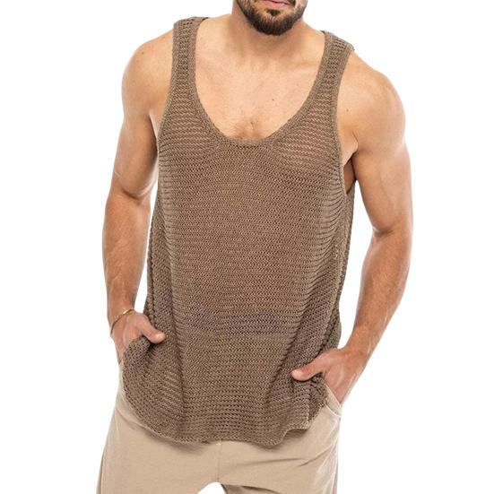 Men Summer Knitted Tops O-neck Sleeveless Solid Color Loose Fit Pullover Tops Stretchy Vest Streetwear