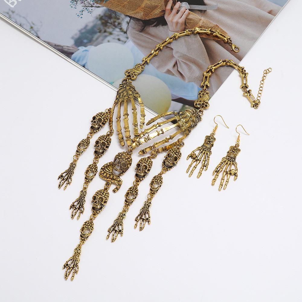 Fashion Bone Hand Women Necklace And Earring Set With Skeleton Design Fringe