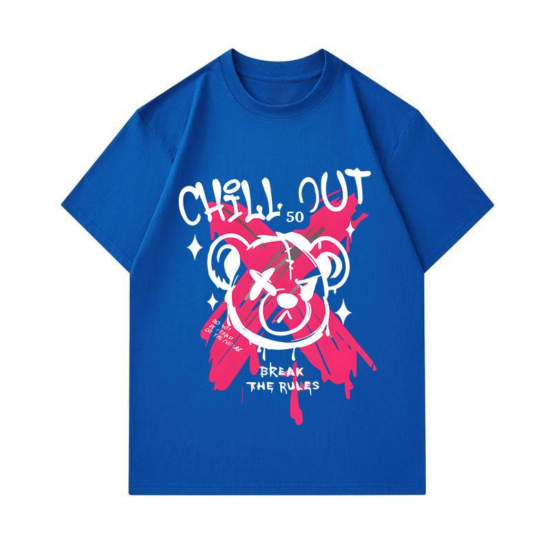 Men's 100% Cotton Crew Neck Short Sleeve T-Shirt, Casual Graffiti Angry Bear Print CHILL OUT BREAK THE RULES Pattern Comfy Daily Streetwear Tee for Me