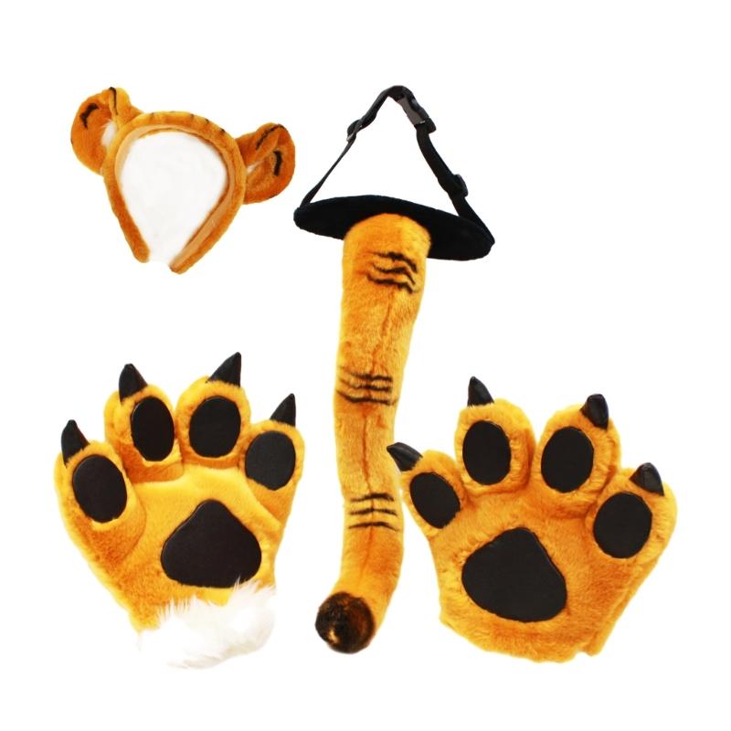 1/2/4Pcs Tigeres Costume Set Tigeres Ears Headband Tail Paw Gloves Kids Halloween Christmas Party Animal Cosplay Costume