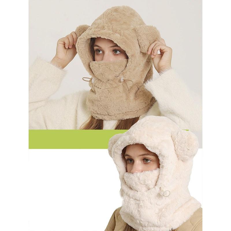 1 шт. Зимняя шапка-ушанка в форме медведя, теплая, цельная, утолщенный шарф, флисовая подкладка, плюшевая шапка-маска