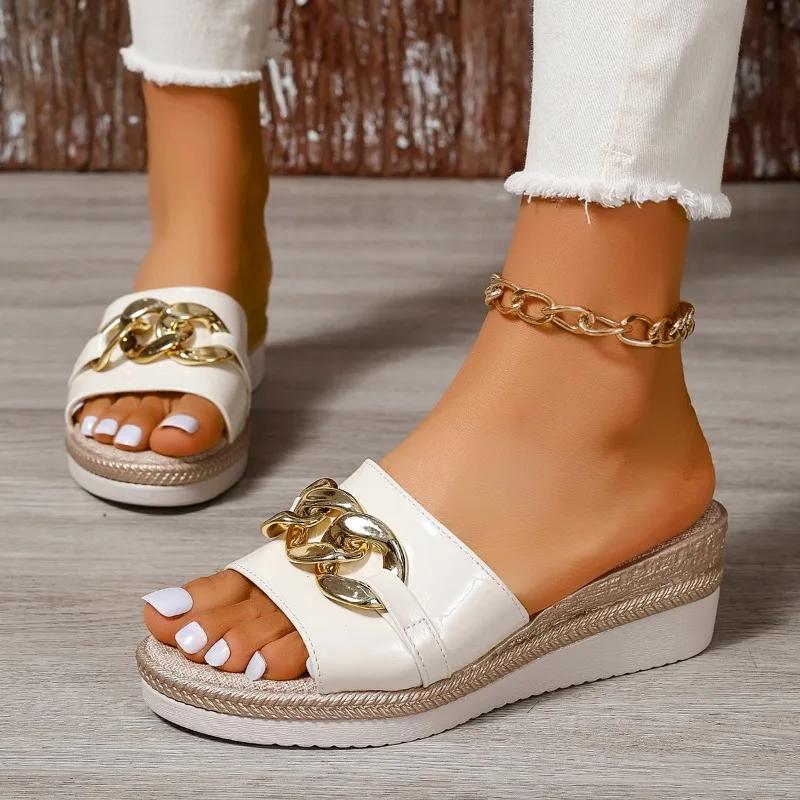Shoes Female Open Toe Women's Slippers Plus Size Dress Slippers Women Metal Decoration Round Toe Wedges Platform Sandals