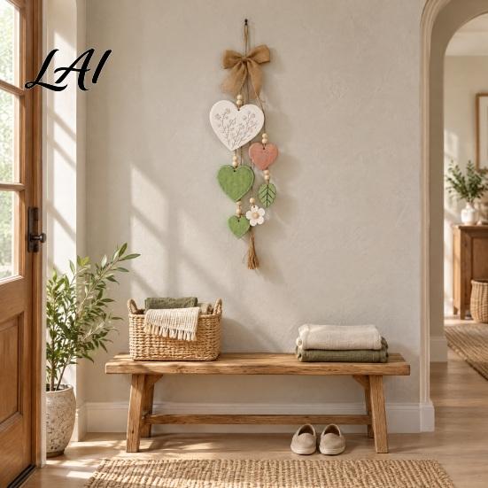 Hanging Heart Decor for Door Wooden Wall Ornament Hanger with Bow Lightweight Wood Sign Tassel Farmhouse Home Window Decoration Retro Country Style