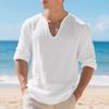 Spring Autumn American Linen Long-sleeved Men's T-shirt Casual Deep V-neck Solid Color Loose Top Base Shirt