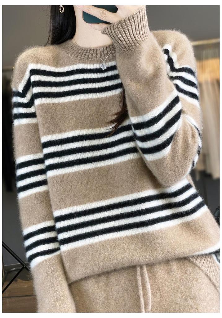 Women's Color Block Striped Knit Sweater: Cotton, Cashmere, & Wool Blend - Casual Autumn/Winter Pullover