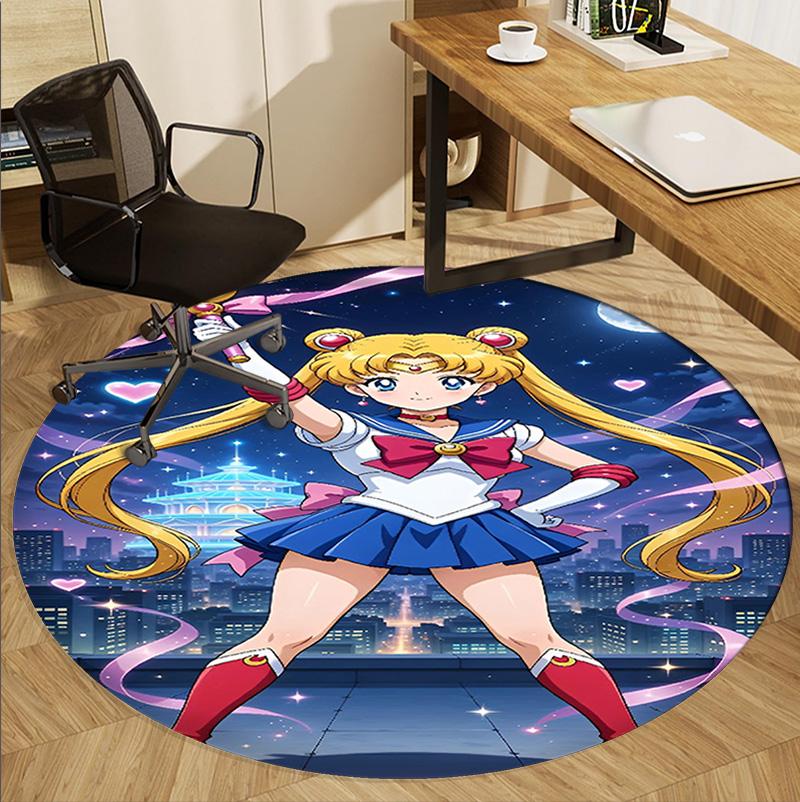 Sailor Moon Pattern Round Rug, Indoor/Outdoor Mat, for Picnic, Gameroom, Bedroom, Office, Living Room, Home Decor Carpet, Birthday Gift