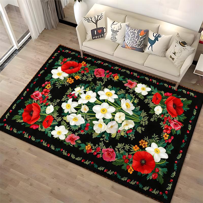 Floral Pattern Carpet with Red and White Blossoms on Black Background Suitable for use as an anti-slip for living room bedroom sofas