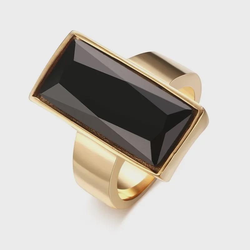 Japanese & Korean Fashion Square Glass Gold Ring In Stainless Steel, Ladies' Design RC-226