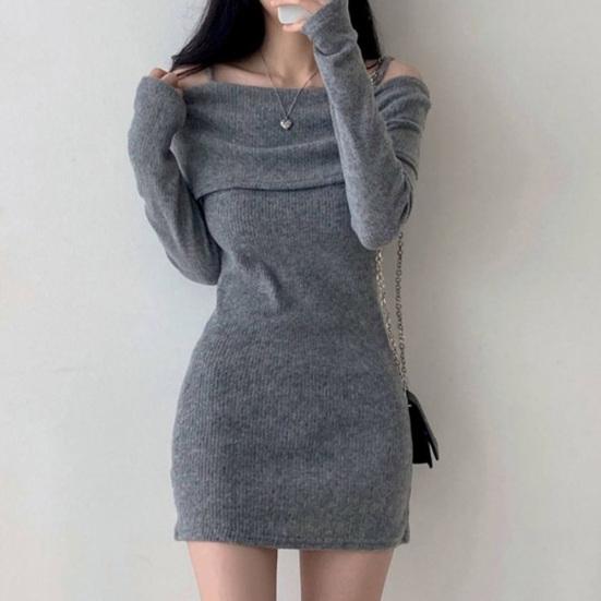 Women Knitting Tops Off Shoulder Long Sleeve Solid Color Slim Fit Pullover