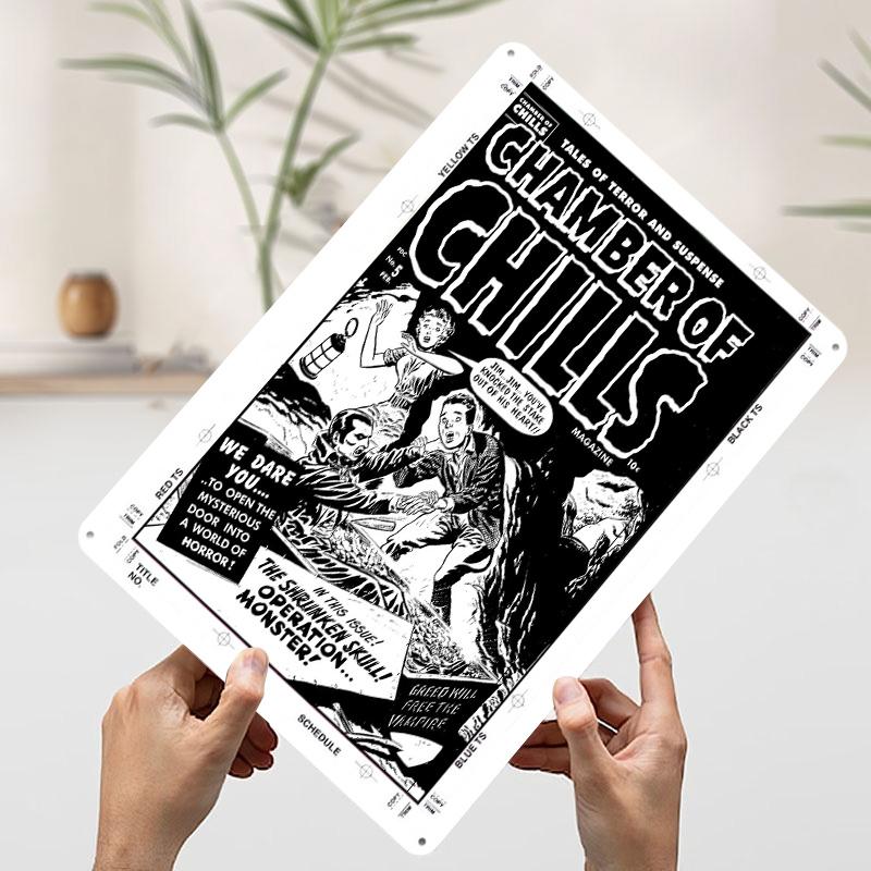 CHAMBER OF CHILLS Poster Customized Wall Art Vintage Metal Signs Retro Tin Plaque for Man Cave Gaming Room Decoration Cozy