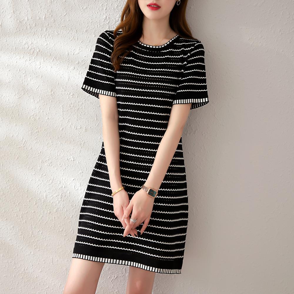Women's Fashion Summer Spring Stripe Print Short Sleeve O-Neck Loose Casual Dresses