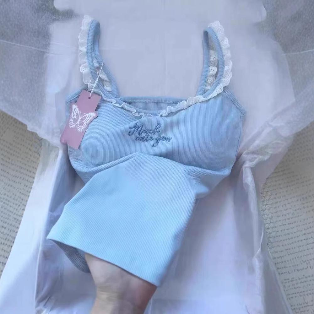 Дофаминовый синий кружевной топ-майка с подкладкой - Женская одежда для дома/улицы с красивым дизайном спины.