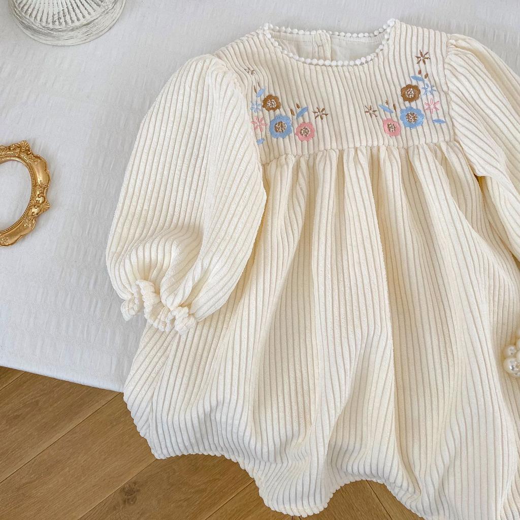 2023 Spring Dress Baby Girls Baby Embroidered Lace Collar Bubble Long Sleeve Pit Strip Lady Long Skirt