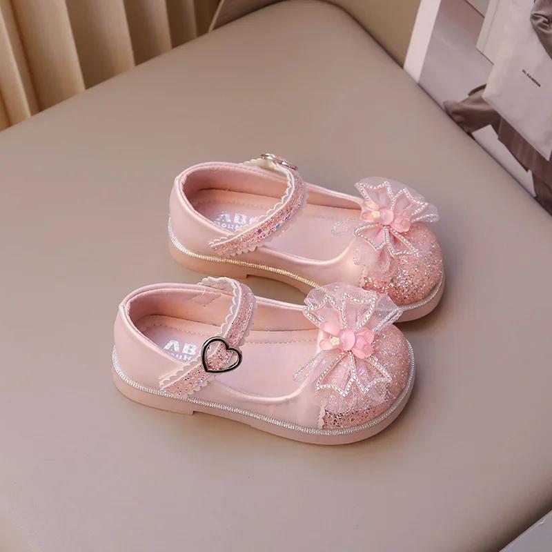 Spring Autumn Children's Leather Shoes chic Sequins Girls Party Shoes Fashion Bowtie Rabbit Kid Princess Causal Dress Flat Shoes