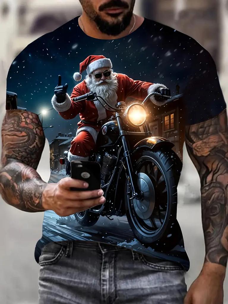 New Funny Men's T-Shirt Christmas New Year Fashion Santa Claus And The Motorcycle Pattern Printed T-Shirt Men's Fashion Tee Tops