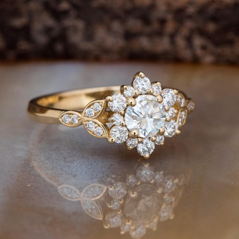 Wish full diamond zircon flower leaf ring simple niche light luxury ring