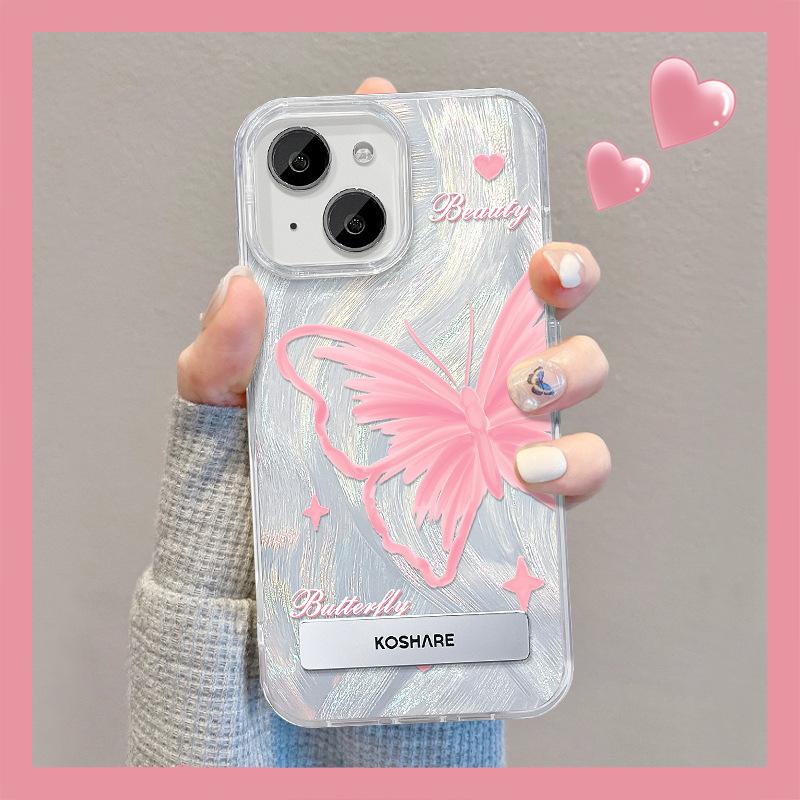 Suitable for Apple 15 Mobile Phone Case Summer Iphone14 Pink Butterfly Stand 13pm Feather Yarn Laser 12 High-end Women