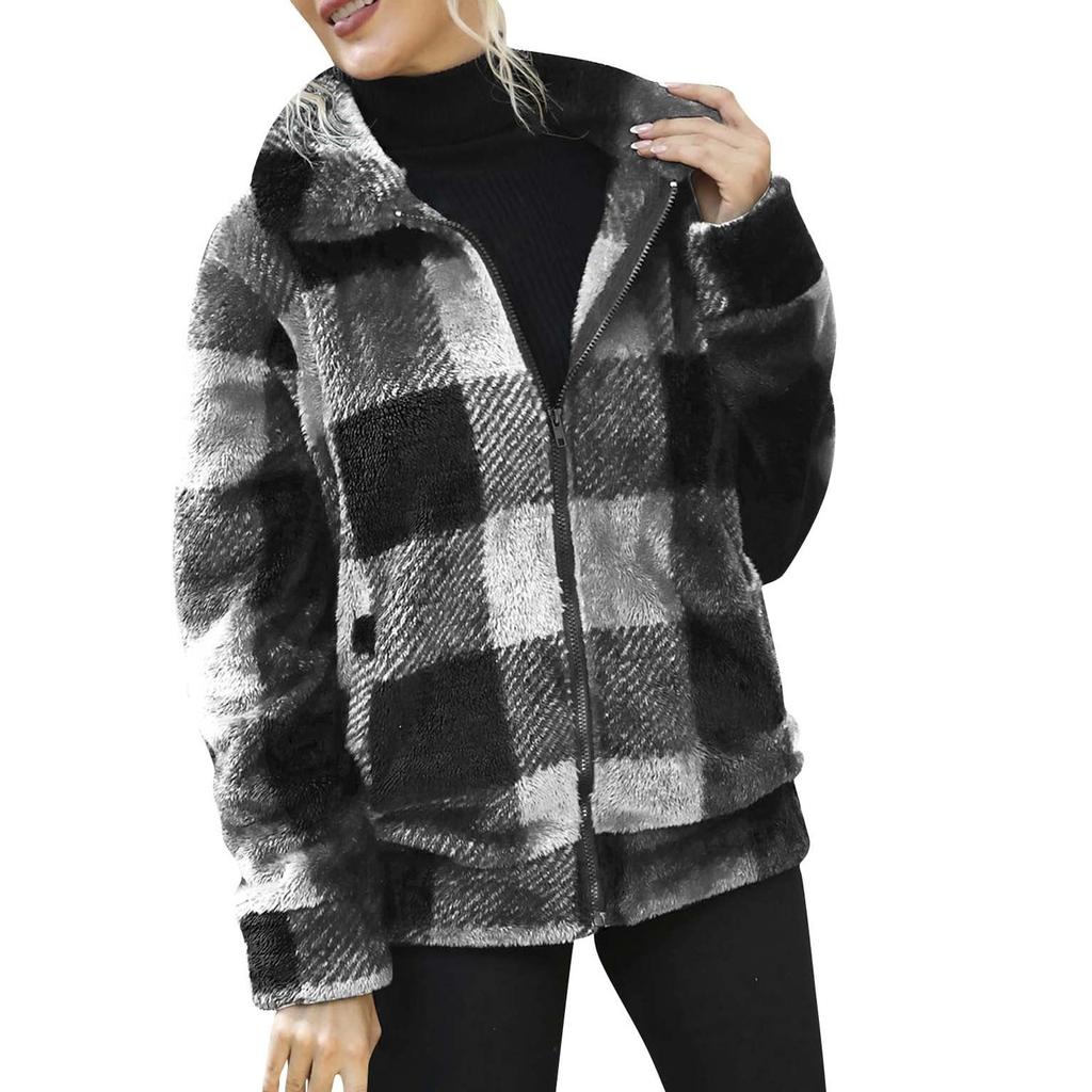 Женская повседневная клетчатая куртка средней длины с двухсторонним плюшем на молнии с длинными рукавами