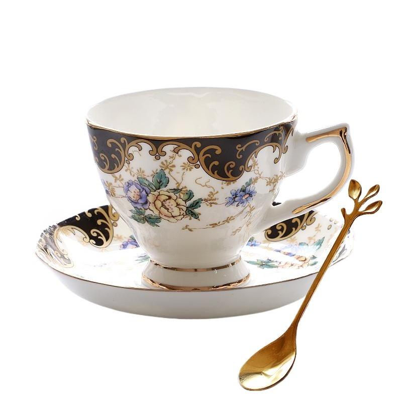 Bone China Cup and Saucers 180ml - Purple Pink Floral Practical Coffee Cup with Gold Trim Elegant Dining Tableware, 1 Set