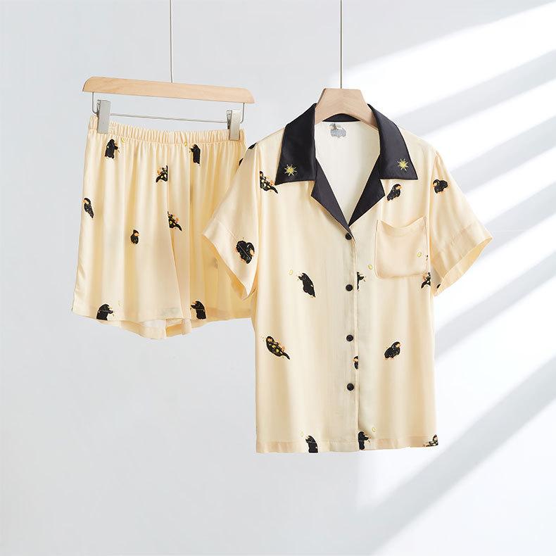 Summer cool human cotton satin pajamas, women's comfortable skin-friendly suit cartoon printed neckline embroidered loungewear