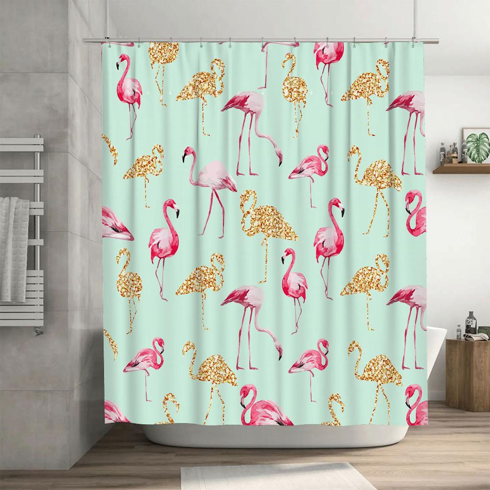 Vibrant Pink Flamingo Shower Curtain for Bathroom Decor Waterproof Fabric with Golden Sparkle Pattern Size 72x84 Inches