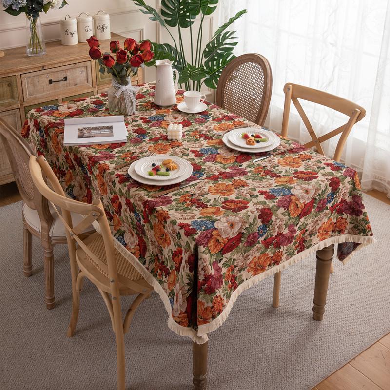 Американский Ретро Полиэстер Хлопок Цветная Тканая Жаккардовая Скатерть с Рисунком Сороки, Цветов, Растений и Бахромой Прямоугольная Скатерть для Кофейного Столика Скатерть для Обеденного Стола