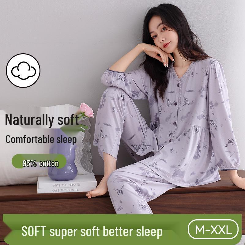 Женский хлопковый пижамный комплект с длинным рукавом на лето/осень 2025 года - Большой размер