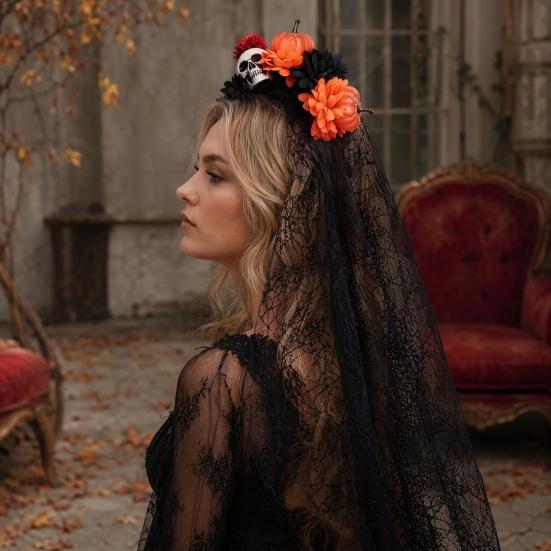 Pumpkin Skull Floral Headband Stable Hair Hoop with 3D Artificial Flowers and Spiderweb Black Gauze Gothic Halloween