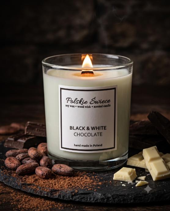 soy candle with a wooden wick + BLACK AND WHITE CHOCOLATE