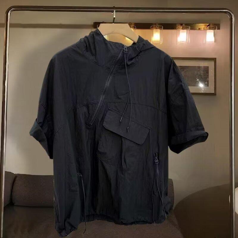 Мужская однотонная уличная толстовка с капюшоном на молнии с декоративным клапаном и карманом, свободный крой, короткие рукава, однотонная