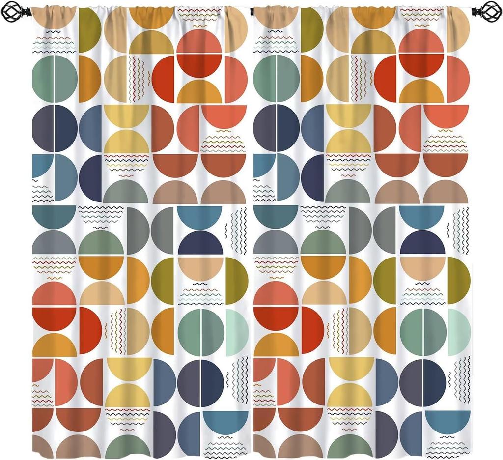 Mid Century Curtain, Yellow Vintage Abstract Boho Window Treatment Modern Geometric Circles Circular Classic Retro 50S Farmhouse