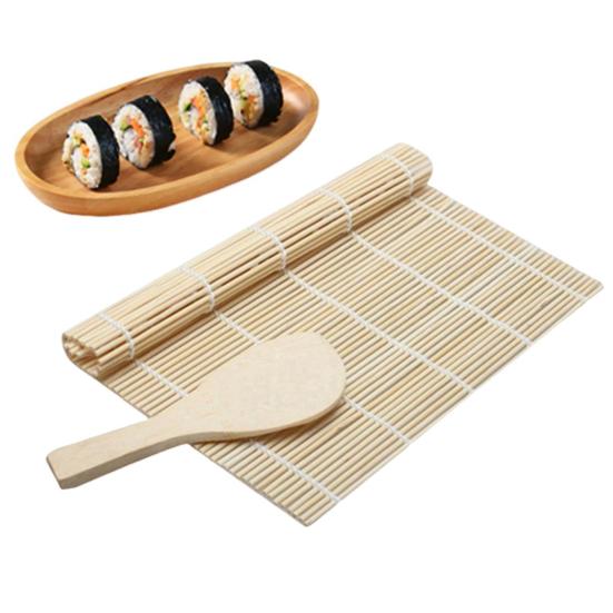 Бамбуковый коврик для суши с ложкой для риса, натуральный коврик для суши, безопасные для пищевых продуктов принадлежности для приготовления суши, формовки и формовки суши-роллов